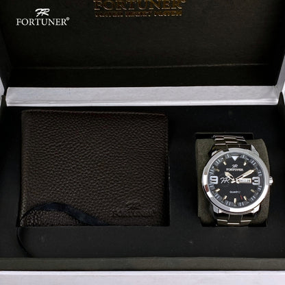 Fortuner Jam Tangan Pria Analog Day-Date Water Resistant Rantai Bonus Dompet dan Box Exclusive Arney