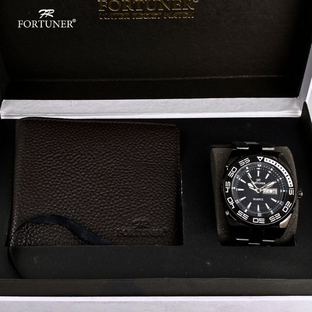 Fortuner Jam Tangan Analog Pria Day-Date Water Resistant Silver Black Bonus Dompet dan Box Exclusive Fairbanks
