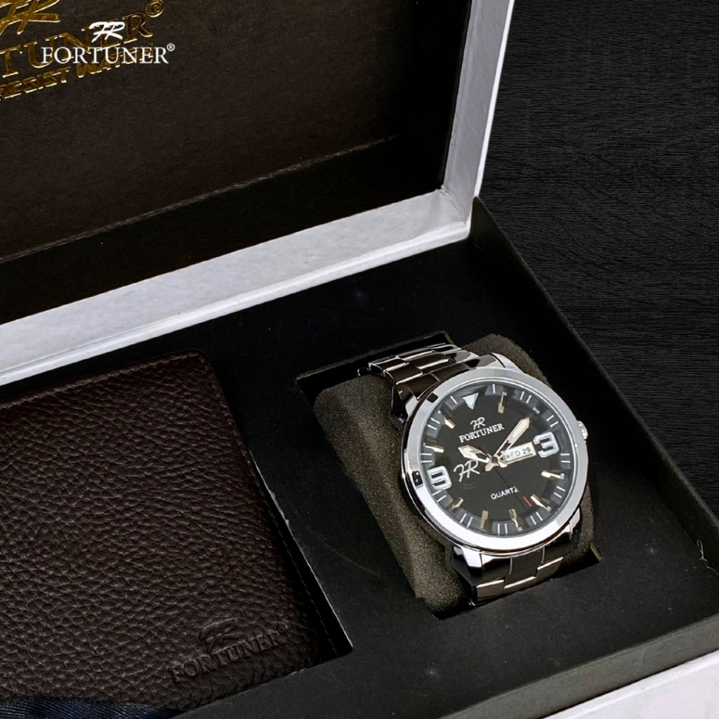 Fortuner Jam Tangan Pria Analog Day-Date Water Resistant Rantai Bonus Dompet dan Box Exclusive Arney