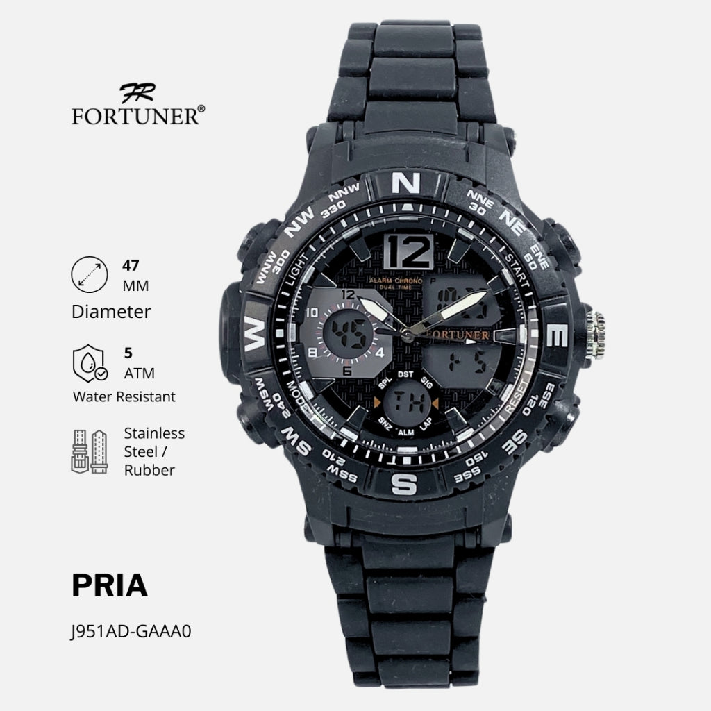 Fortuner Jam Tangan Pria Double Time Hitam Merah Water Resistant Aydin