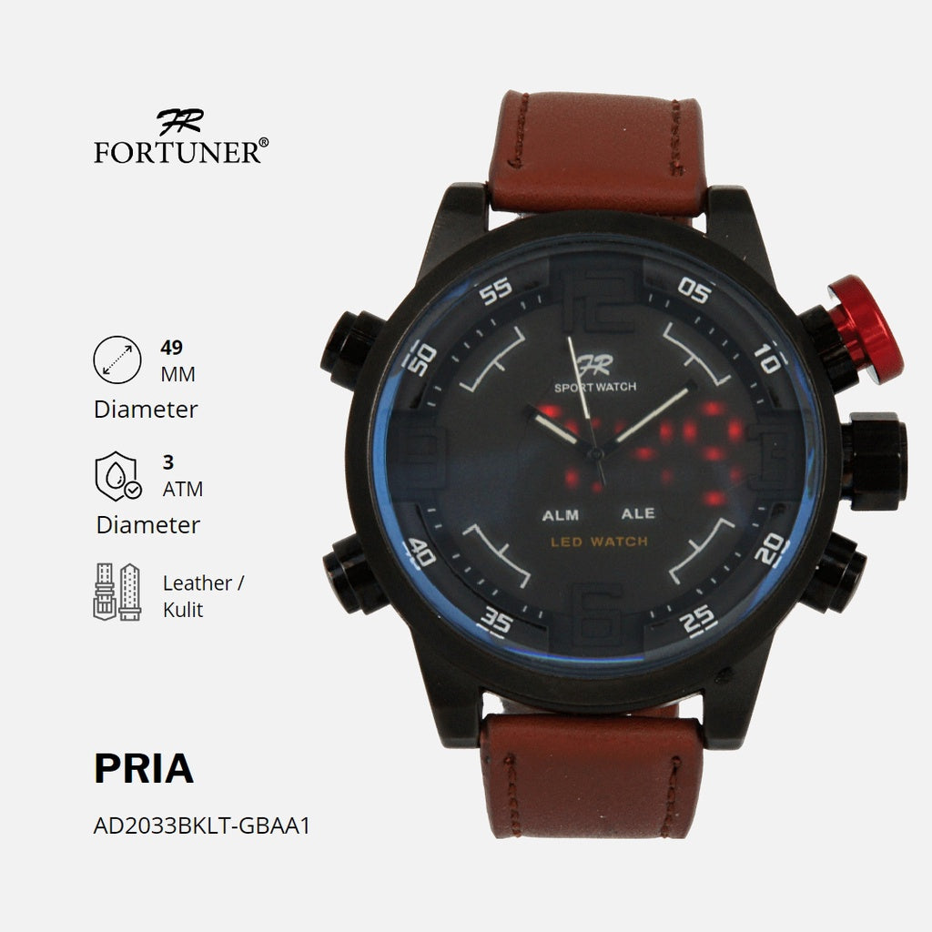 Fortuner Jam tangan Pria Analog-Digital Kulit Tahan Air Hitam Wiley