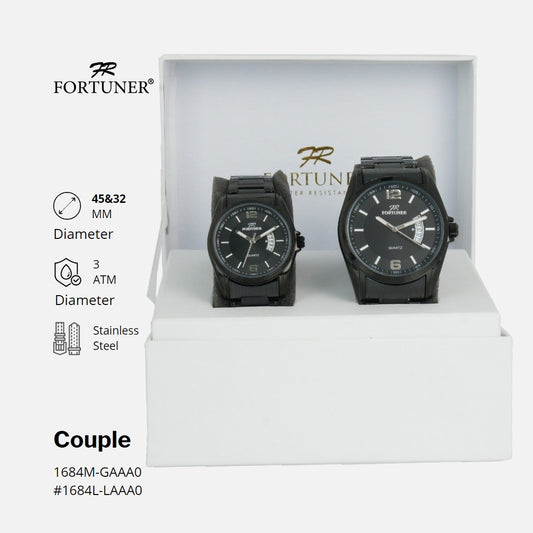 Fortuner Jam Tangan Couple Tahan Air Analog Water Resist Rantai Stainless 10803L Hitam