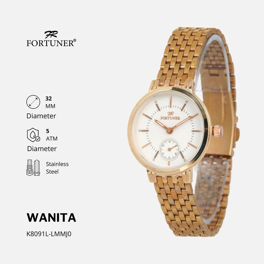 Fortuner Jam Tangan Water Resist Wanita/Cewek Stainless Tahan Air K8091L Rosegold-White Dial