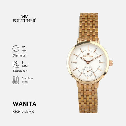 Fortuner Jam Tangan Water Resist Wanita/Cewek Stainless Tahan Air K8091L Rosegold-White Dial