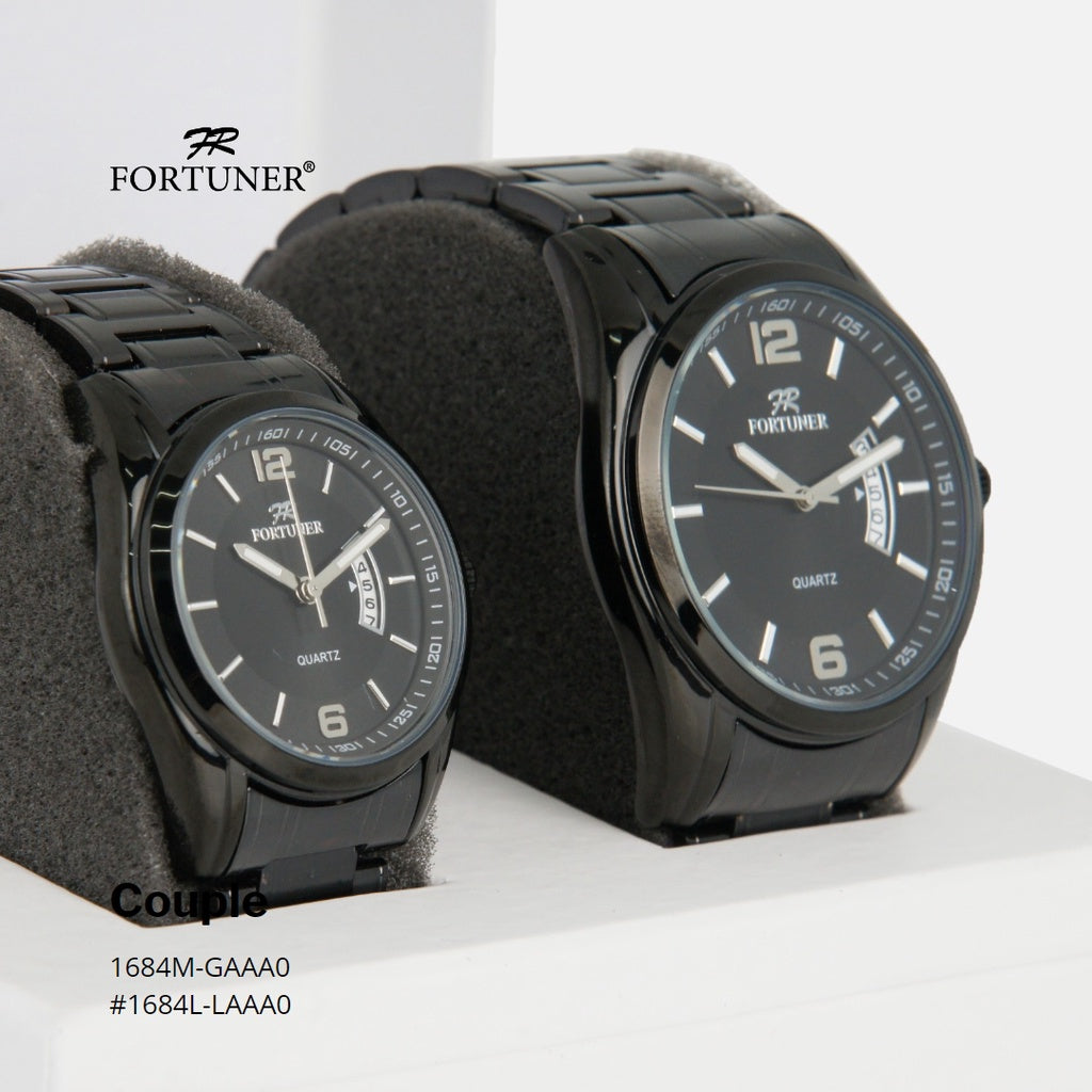 Fortuner Jam Tangan Couple Tahan Air Analog Water Resist Rantai Stainless 10803L Hitam