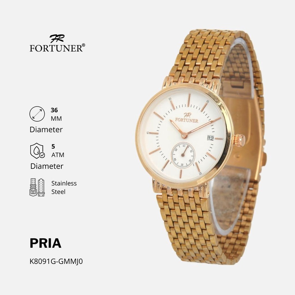 Fortuner Jam Tangan Water Resist Pria Stainless Tahan Air K8091G Rosegold-White Dial