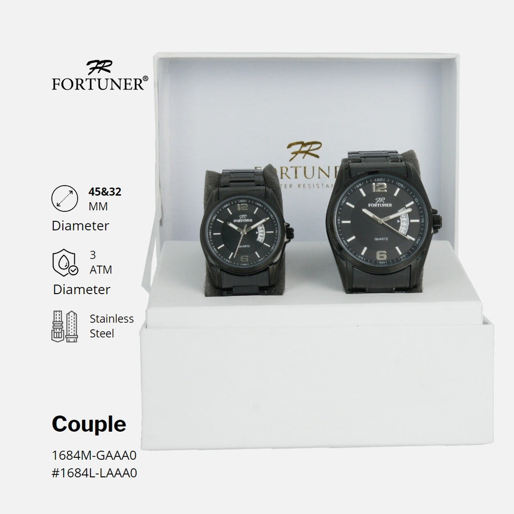 Fortuner Jam Tangan Couple Tahan Air Stainless Analog Klasik Water Resist Hitam Heine