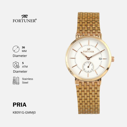 Fortuner Jam Tangan Water Resist Pria Stainless Tahan Air K8091G Rosegold-White Dial