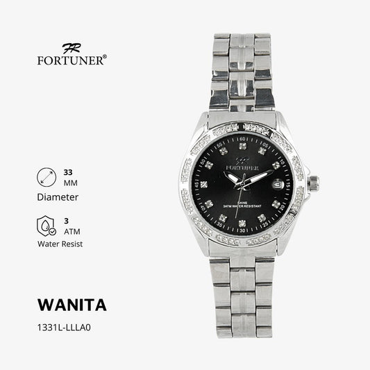 Fortuner Jam Tangan Analog Wanita Hitam Water Resistant Rantai Aurora