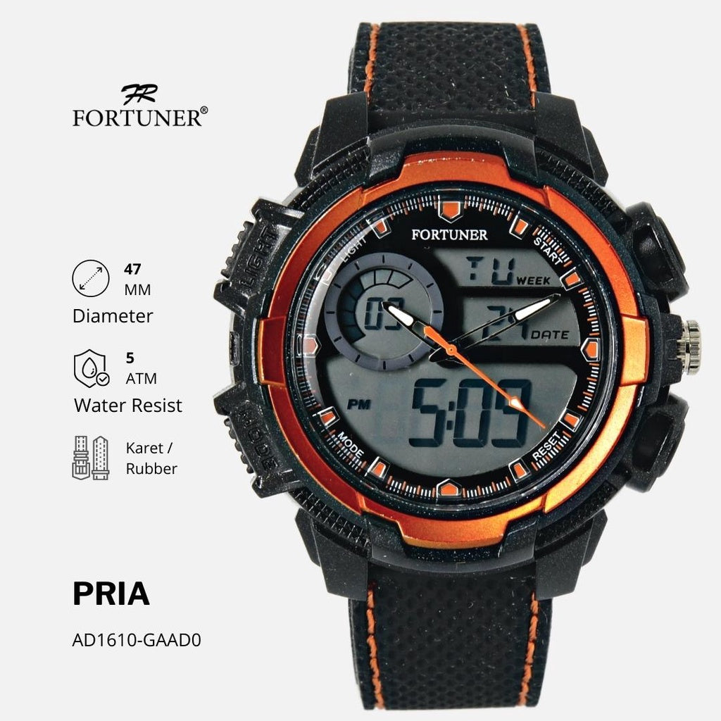 Fortuner Jam Tangan Pria Dual Time Sport Tahan Air Original Karet Davar