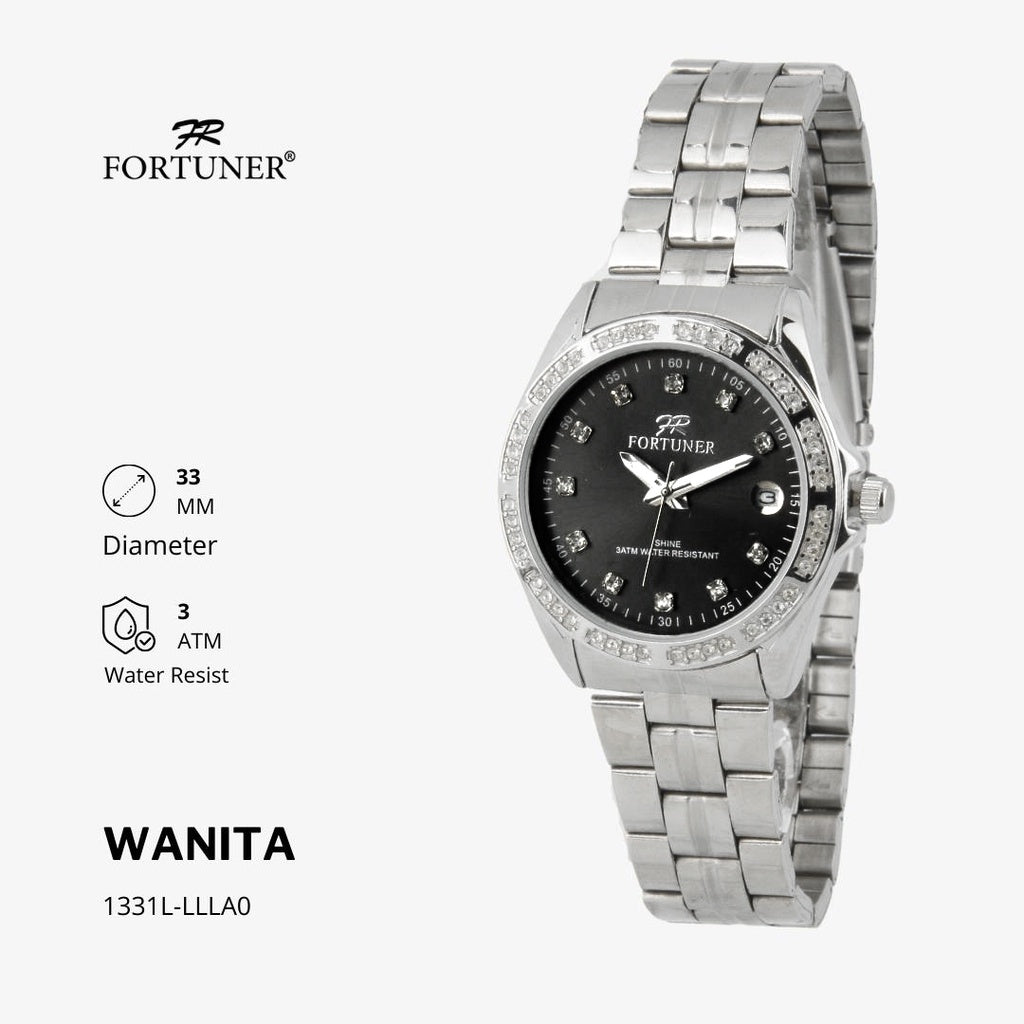 Fortuner Jam Tangan Analog Wanita Hitam Water Resistant Rantai Aurora